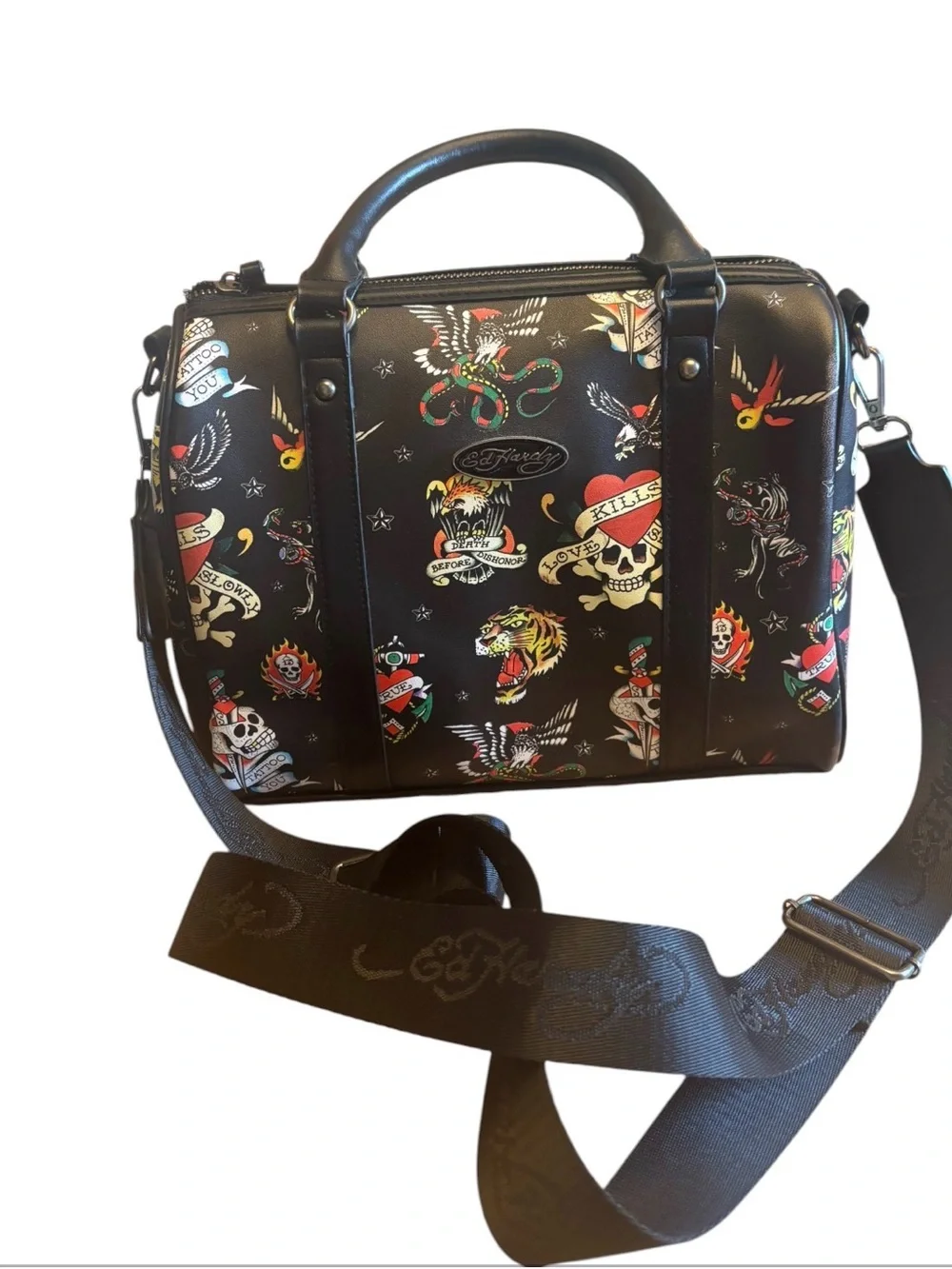 Ed Hardy Black Tattoo Flash Print Satchel Crossbody Bag Street Style Whimsygoth